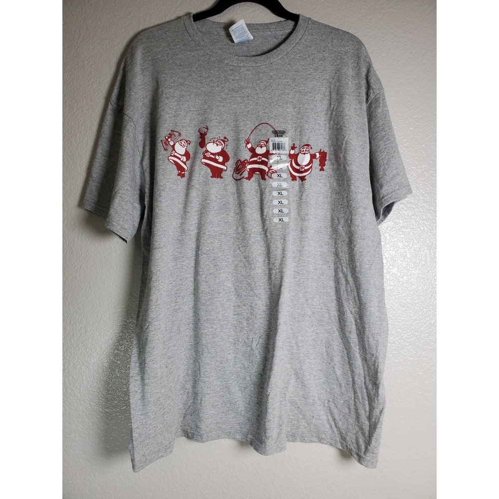 Funny Santa Fishing/Hunting Christmas T-Shirt Adult XL Gray Holiday Graphic-NEW